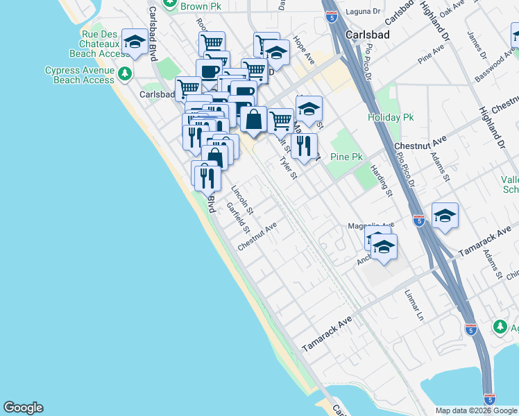 map of restaurants, bars, coffee shops, grocery stores, and more near 315 Walnut Avenue in Carlsbad