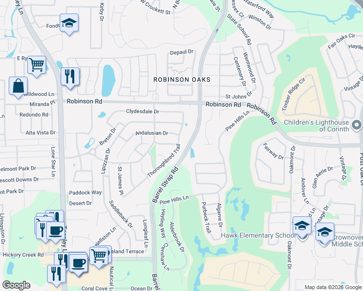 map of restaurants, bars, coffee shops, grocery stores, and more near 5917 Thoroughbred Trail in Denton