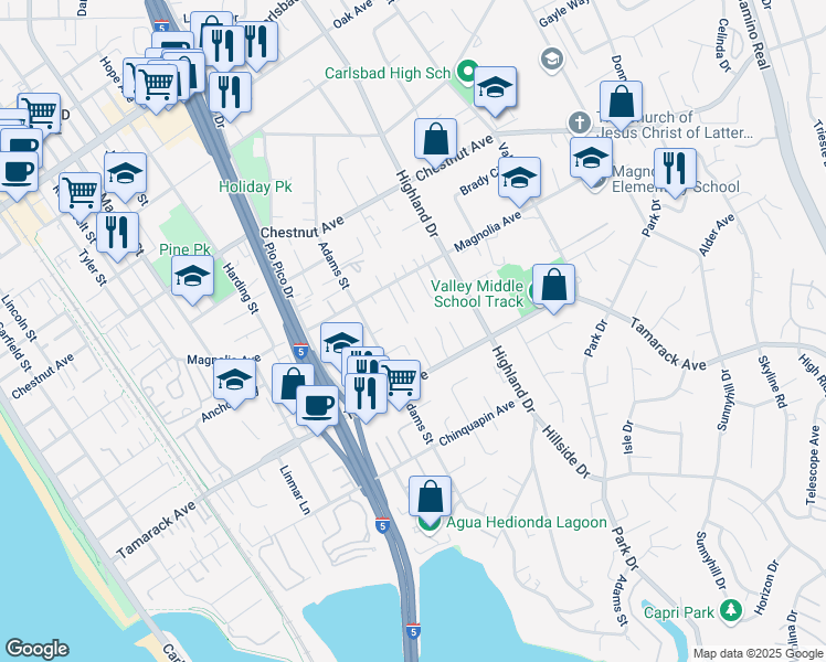 map of restaurants, bars, coffee shops, grocery stores, and more near 3810 Adair Way in Carlsbad