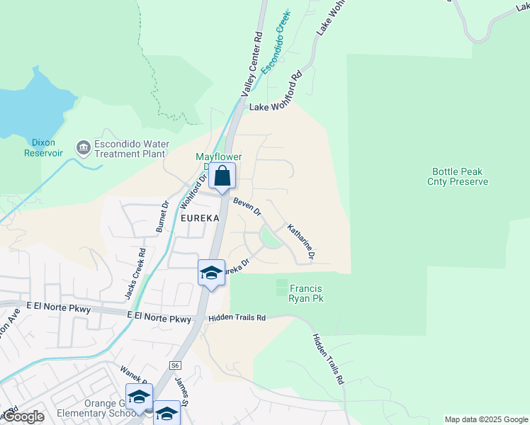 map of restaurants, bars, coffee shops, grocery stores, and more near 3184 Beven Drive in Escondido