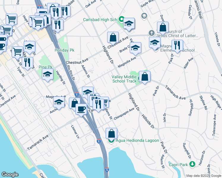 map of restaurants, bars, coffee shops, grocery stores, and more near 3870 Adair Way in Carlsbad