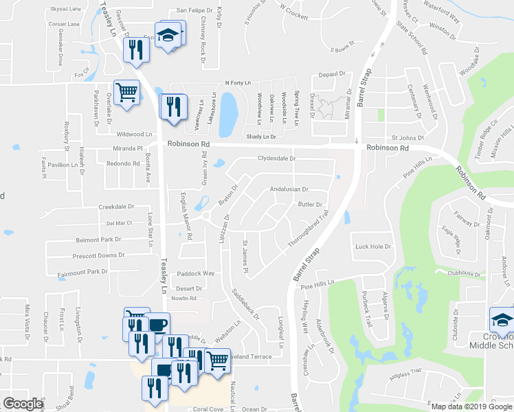 map of restaurants, bars, coffee shops, grocery stores, and more near 3230 Andalusian Drive in Denton
