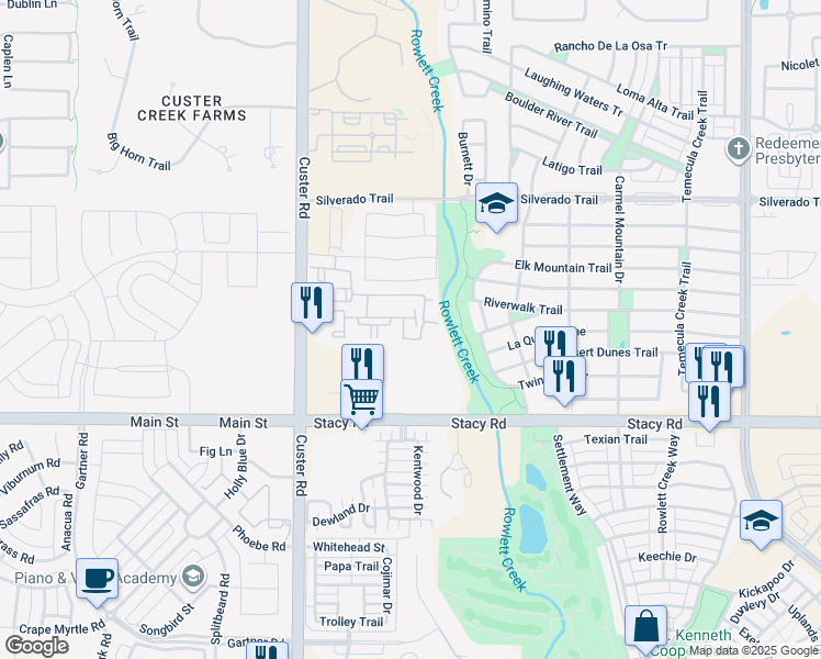 map of restaurants, bars, coffee shops, grocery stores, and more near 4651 South Custer Road in McKinney
