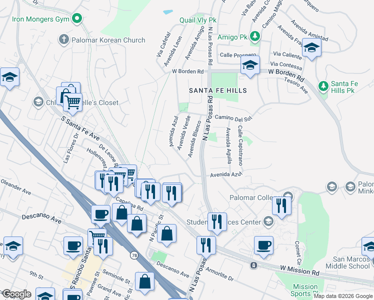 map of restaurants, bars, coffee shops, grocery stores, and more near 512 Avenida Blanco in San Marcos