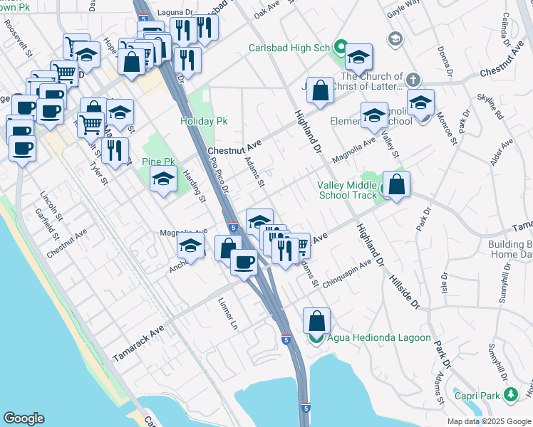 map of restaurants, bars, coffee shops, grocery stores, and more near 3739 Adams Street in Carlsbad