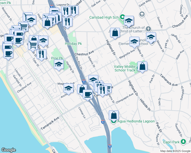 map of restaurants, bars, coffee shops, grocery stores, and more near 3743 Adams Street in Carlsbad