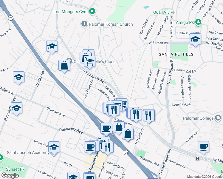 map of restaurants, bars, coffee shops, grocery stores, and more near 3512 Hollencrest Road in San Marcos