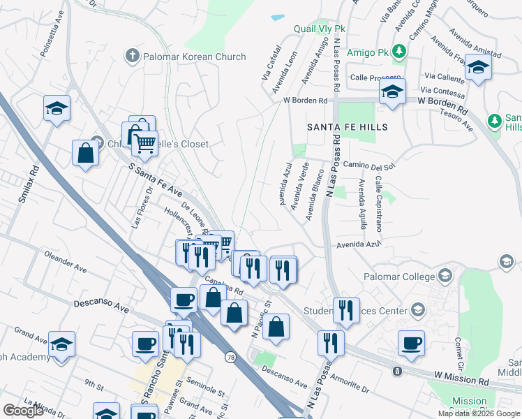 map of restaurants, bars, coffee shops, grocery stores, and more near 1659 Curry Comb Drive in San Marcos