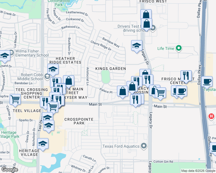 map of restaurants, bars, coffee shops, grocery stores, and more near 4014 Palace Place in Frisco