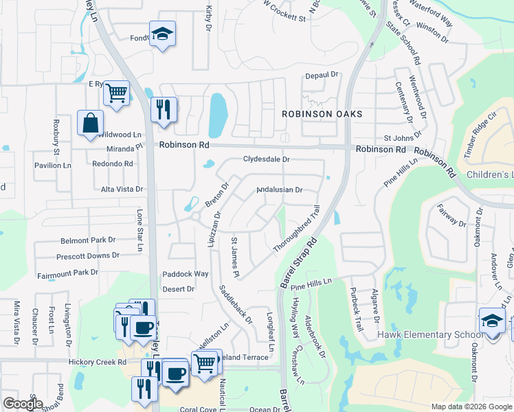 map of restaurants, bars, coffee shops, grocery stores, and more near 3307 Friesian Ct in Denton