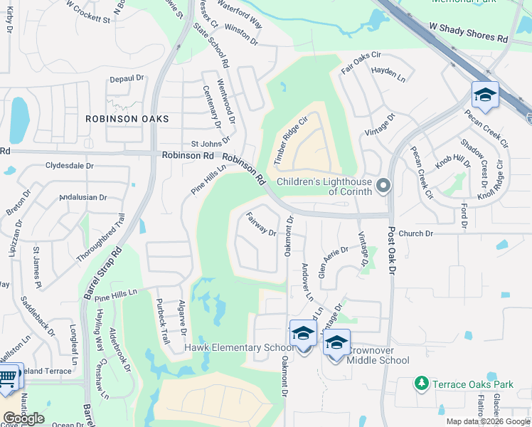map of restaurants, bars, coffee shops, grocery stores, and more near 1611 Fairway Drive in Corinth