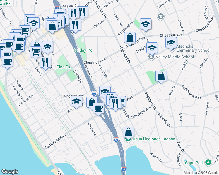 map of restaurants, bars, coffee shops, grocery stores, and more near 3751 Adams Street in Carlsbad