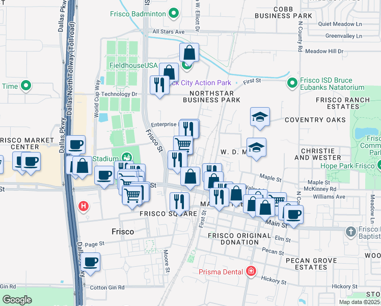 map of restaurants, bars, coffee shops, grocery stores, and more near 9100 John W. Elliott Drive in Frisco