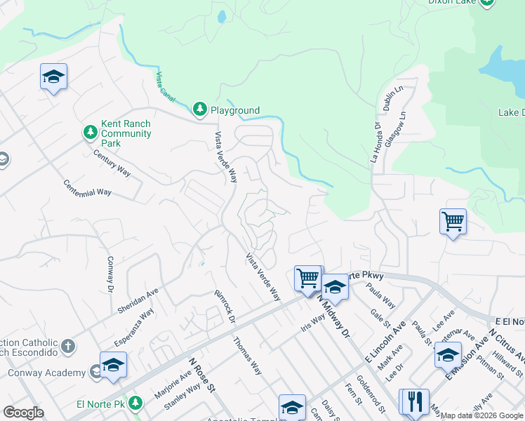 map of restaurants, bars, coffee shops, grocery stores, and more near 2029 Woodland Glen in Escondido