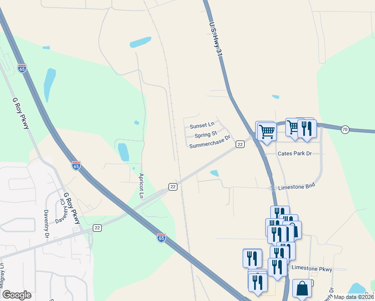 map of restaurants, bars, coffee shops, grocery stores, and more near 11215 County Road 22 in Calera