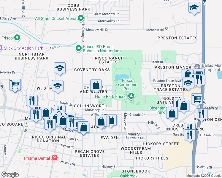 map of restaurants, bars, coffee shops, grocery stores, and more near 7875 Azalea Lane in Frisco
