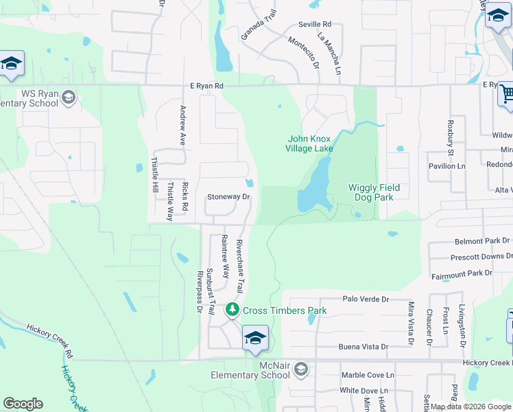 map of restaurants, bars, coffee shops, grocery stores, and more near 6905 Riverchase Trail in Denton