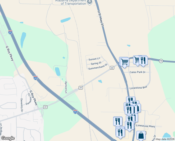 map of restaurants, bars, coffee shops, grocery stores, and more near 373 Summerchase Drive in Calera