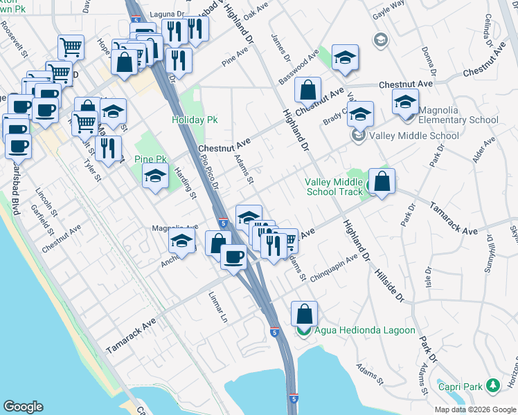map of restaurants, bars, coffee shops, grocery stores, and more near 3747 Adams Street in Carlsbad