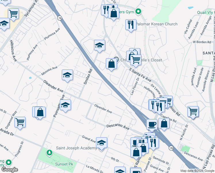map of restaurants, bars, coffee shops, grocery stores, and more near 3230 Mustang Way in San Marcos