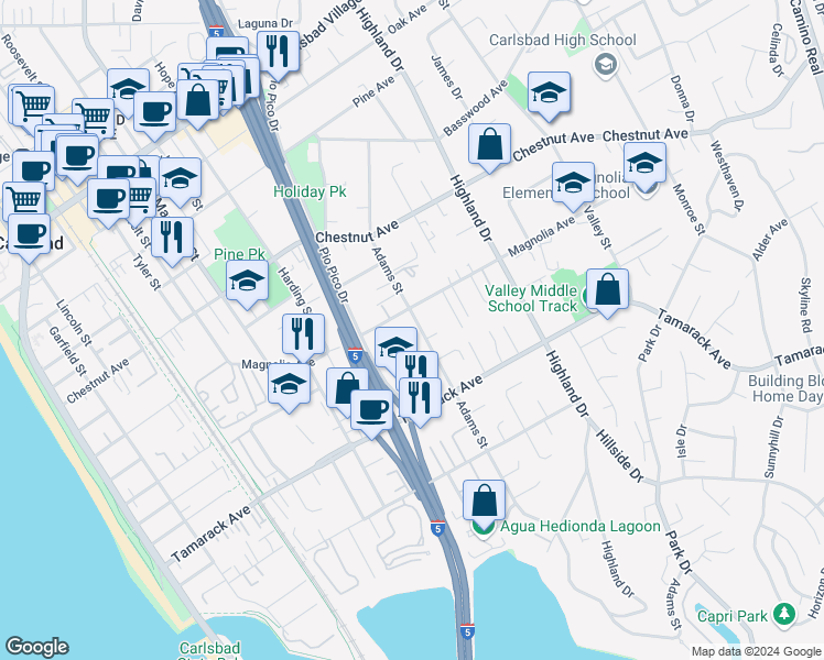 map of restaurants, bars, coffee shops, grocery stores, and more near 3747 Adams Street in Carlsbad