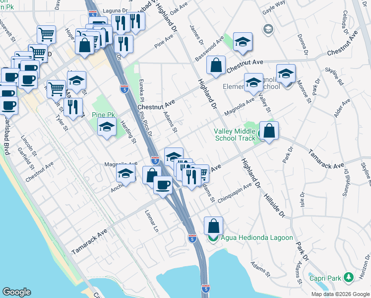 map of restaurants, bars, coffee shops, grocery stores, and more near 3757 Adams Street in Carlsbad