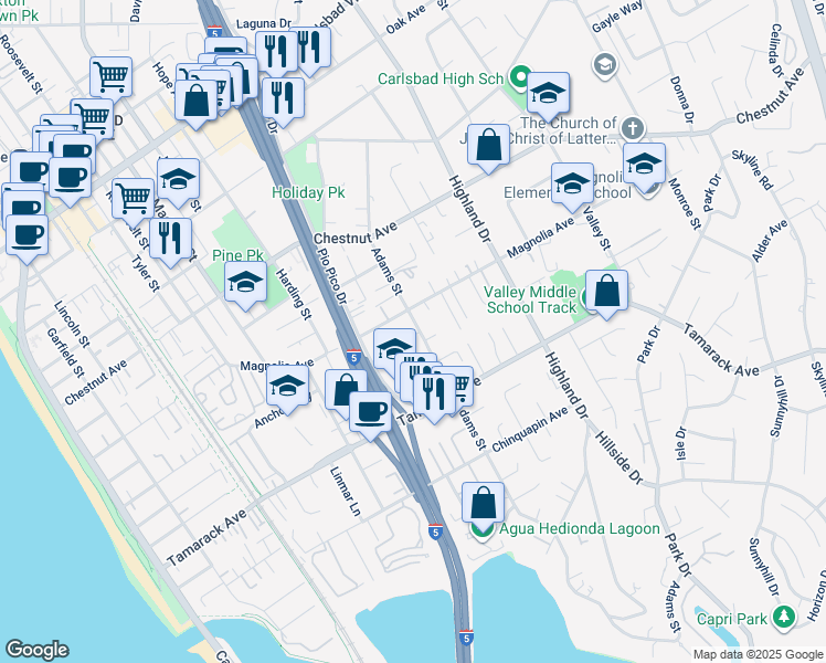 map of restaurants, bars, coffee shops, grocery stores, and more near 3735 Adams Street in Carlsbad