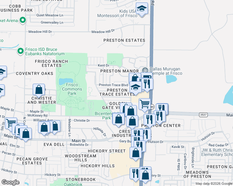 map of restaurants, bars, coffee shops, grocery stores, and more near 8547 Preston Trace Boulevard in Frisco