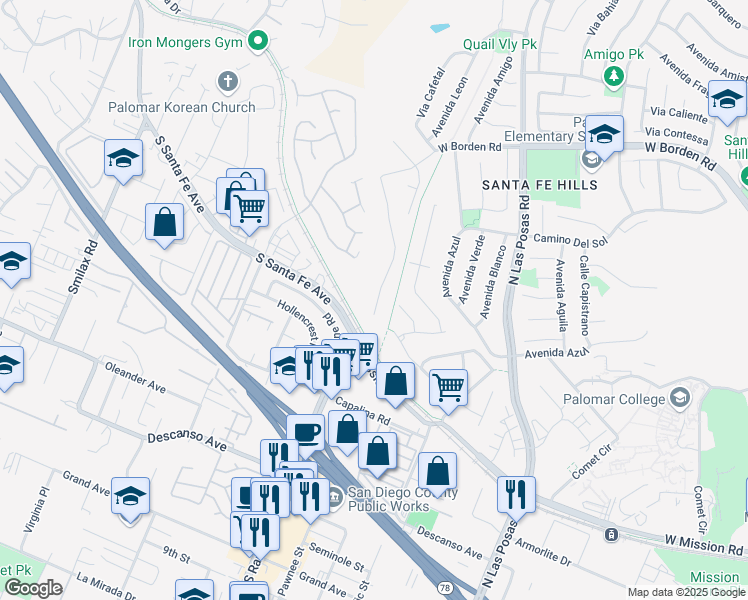 map of restaurants, bars, coffee shops, grocery stores, and more near 1592 Loma Alta Drive in San Marcos