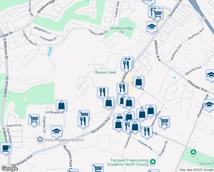 map of restaurants, bars, coffee shops, grocery stores, and more near 1335 Sycamore Avenue in Vista