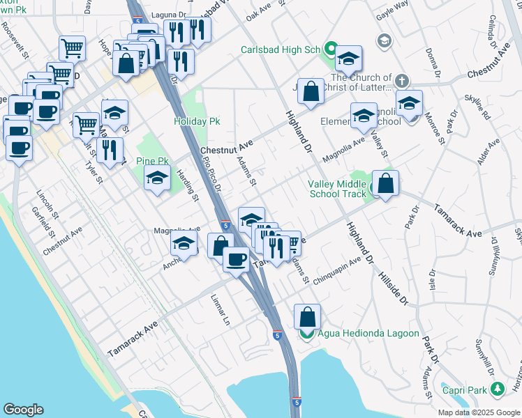 map of restaurants, bars, coffee shops, grocery stores, and more near 3743 Adams Street in Carlsbad