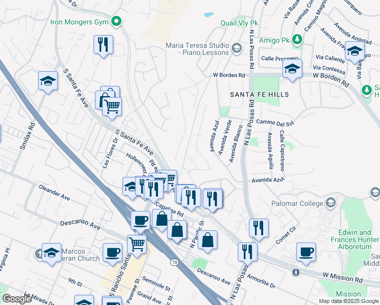 map of restaurants, bars, coffee shops, grocery stores, and more near 1682 Saddlehorn Drive in San Marcos