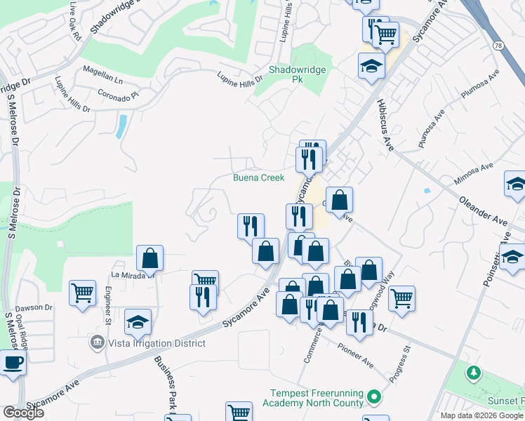 map of restaurants, bars, coffee shops, grocery stores, and more near 1335 Sycamore Ave in Vista