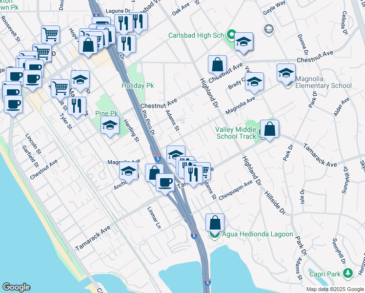 map of restaurants, bars, coffee shops, grocery stores, and more near 1098 Magnolia Avenue in Carlsbad