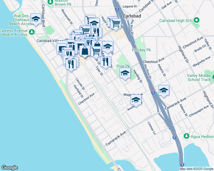 map of restaurants, bars, coffee shops, grocery stores, and more near 3356 Tyler Street in Carlsbad
