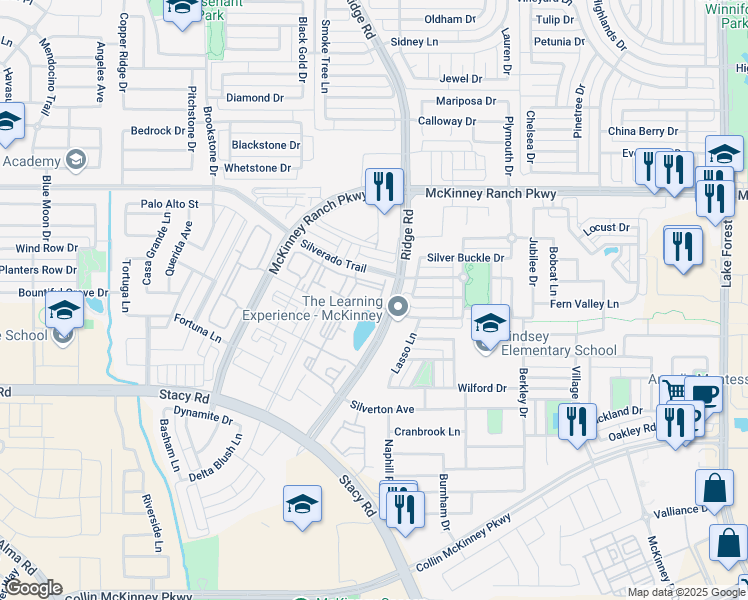 map of restaurants, bars, coffee shops, grocery stores, and more near 6052 Silverado Trail in McKinney