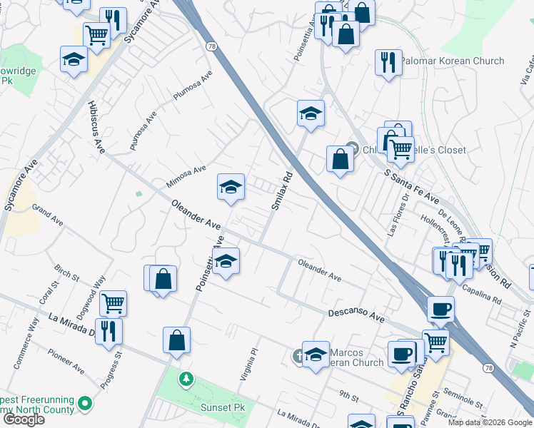 map of restaurants, bars, coffee shops, grocery stores, and more near 513 Smilax Road in Vista