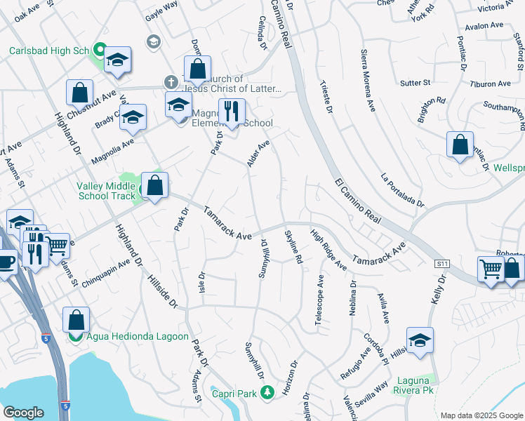 map of restaurants, bars, coffee shops, grocery stores, and more near 4033 Skyline Road in Carlsbad