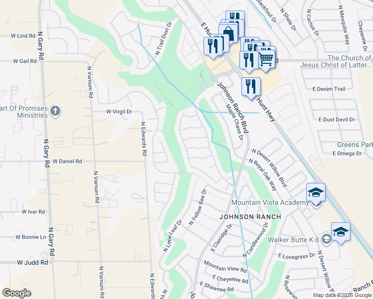 map of restaurants, bars, coffee shops, grocery stores, and more near North Sunray Drive in San Tan Valley