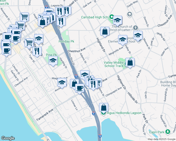 map of restaurants, bars, coffee shops, grocery stores, and more near 3739 Adams Street in Carlsbad