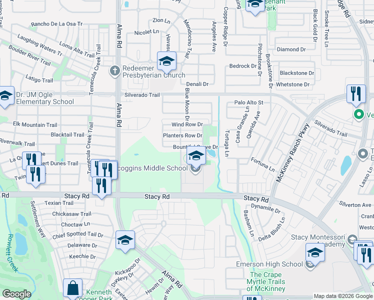 map of restaurants, bars, coffee shops, grocery stores, and more near 6929 Planters Row Drive in McKinney