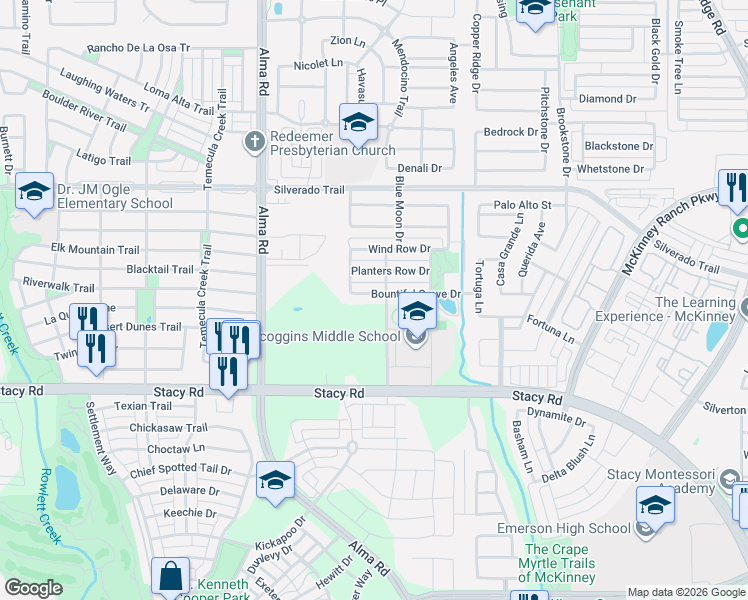 map of restaurants, bars, coffee shops, grocery stores, and more near 7117 Planters Row Drive in McKinney
