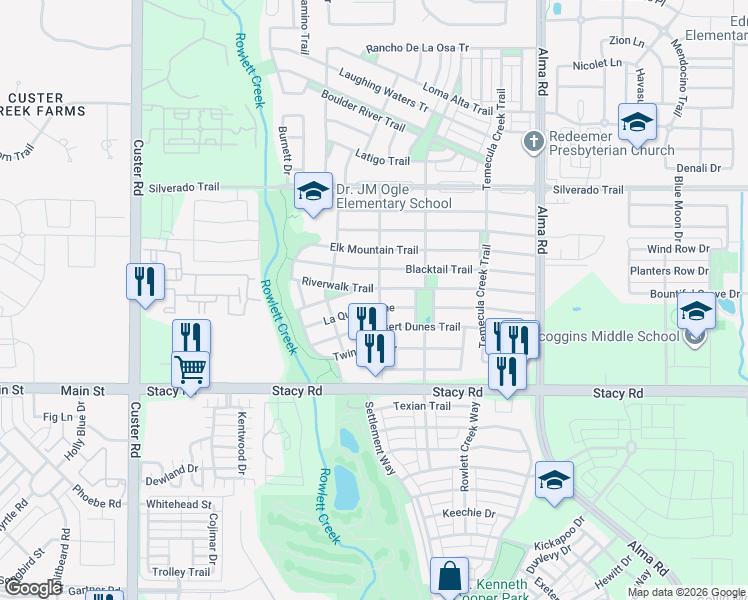map of restaurants, bars, coffee shops, grocery stores, and more near 4608 Rancho Del Norte Trail in McKinney