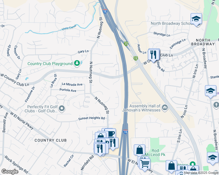 map of restaurants, bars, coffee shops, grocery stores, and more near 2038 Caraway Street in Escondido