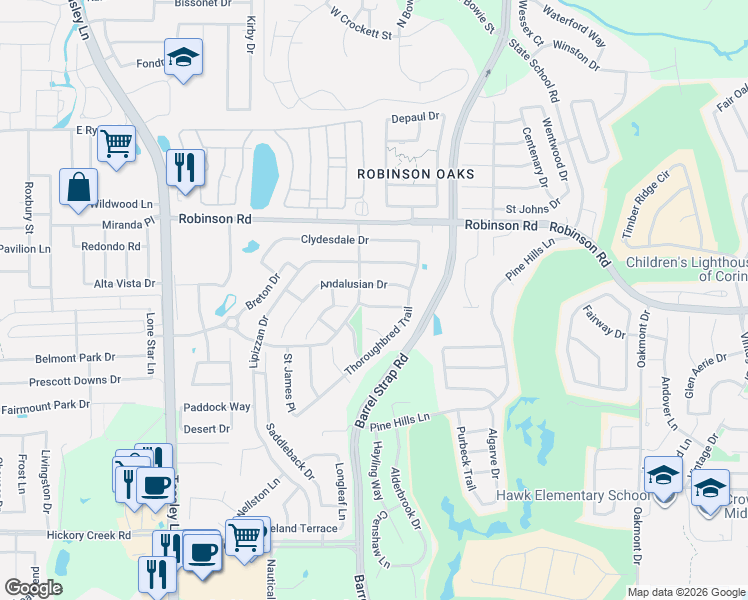 map of restaurants, bars, coffee shops, grocery stores, and more near 3517 Andalusian Drive in Denton