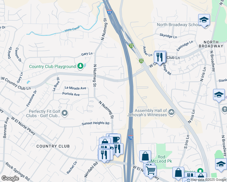 map of restaurants, bars, coffee shops, grocery stores, and more near 2038 Caraway Street in Escondido
