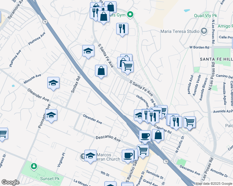 map of restaurants, bars, coffee shops, grocery stores, and more near 155 Las Flores Drive in San Marcos