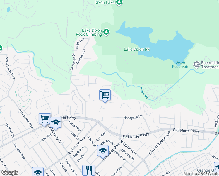 map of restaurants, bars, coffee shops, grocery stores, and more near 2362 East Lincoln Avenue in Escondido