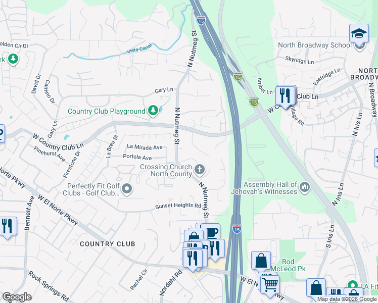 map of restaurants, bars, coffee shops, grocery stores, and more near 2065 Caraway Street in Escondido