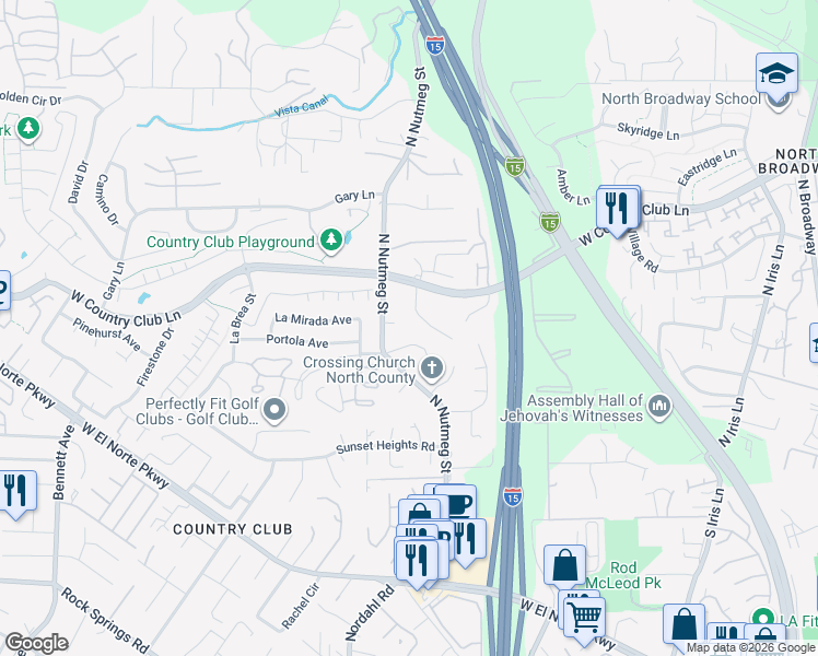 map of restaurants, bars, coffee shops, grocery stores, and more near 2065 Caraway Street in Escondido